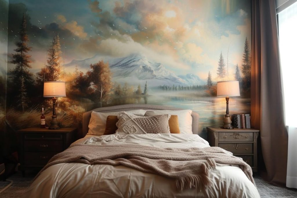 kamkamkam cozy bedroom with a dreamy landscape mural behind th 2dbd6d18 f58e 4c7a 9f45 aa4a48f342ab