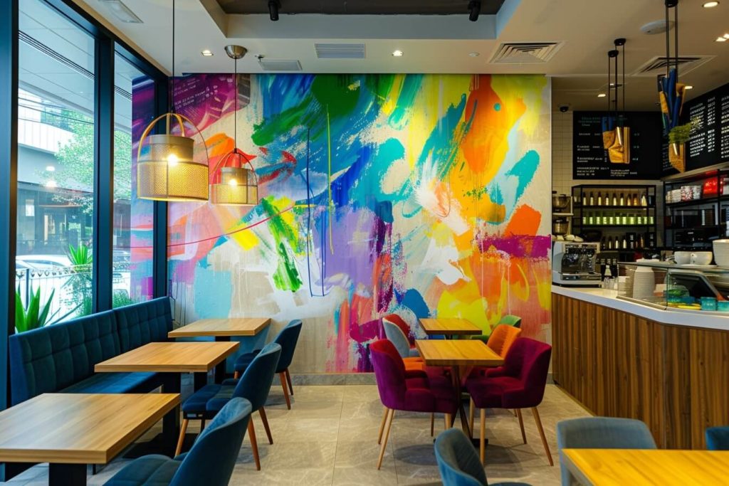 kamkamkam vibrant caf interior with abstract wall art that ene eb9b012f 8dc7 4cf2 891b 439df57dc694