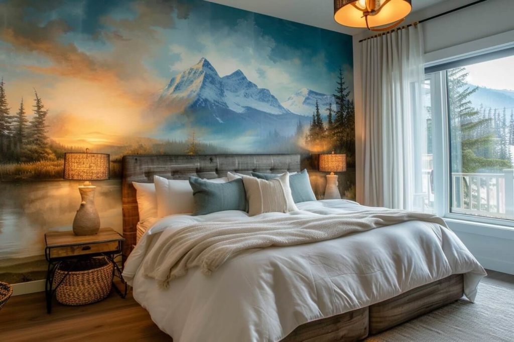 kamkamkam cozy bedroom with a dreamy landscape mural behind th a562fd3b edbc 4db9 9c10 0f807b58c866