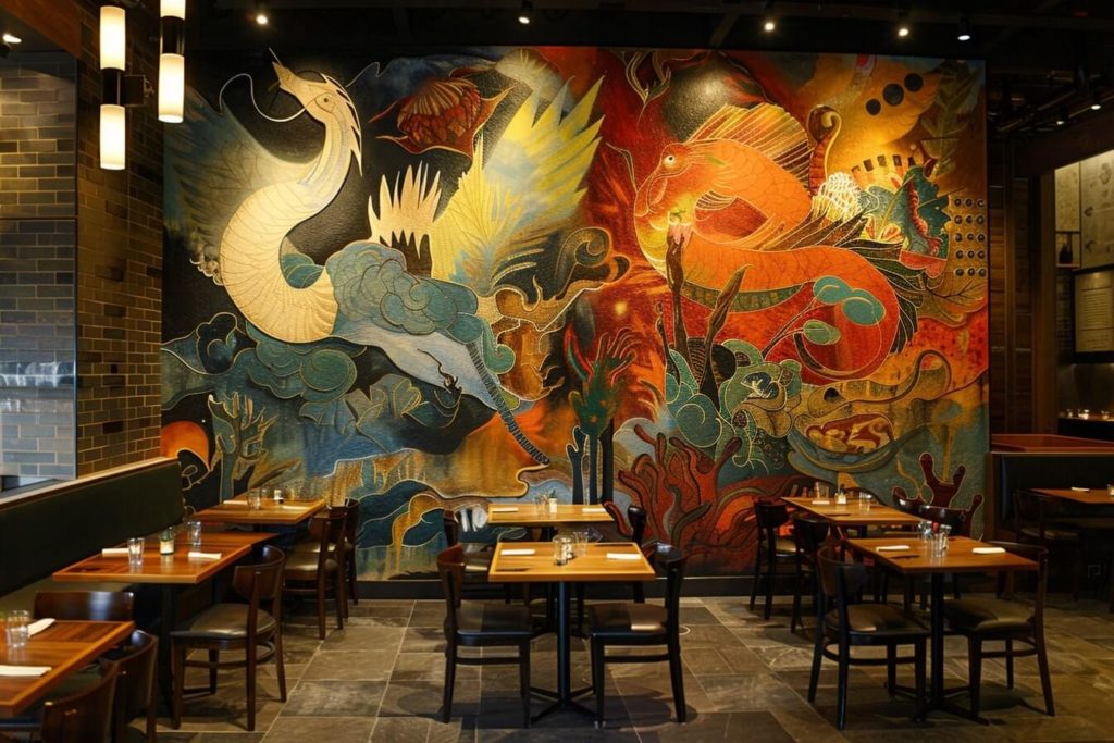kamkamkam an elegant dining space featuring a mural that art 40aabaf2 f455 4737 8af2 5b9a6637fcc0 2
