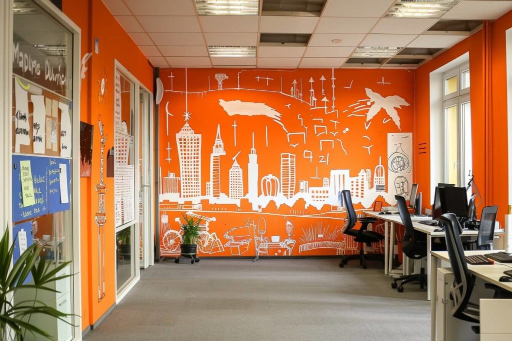 kamkamkam an office with an orange mural painted on the wall ff33f6d8 e152 445b 98e4 262bd4fb5fbe 1
