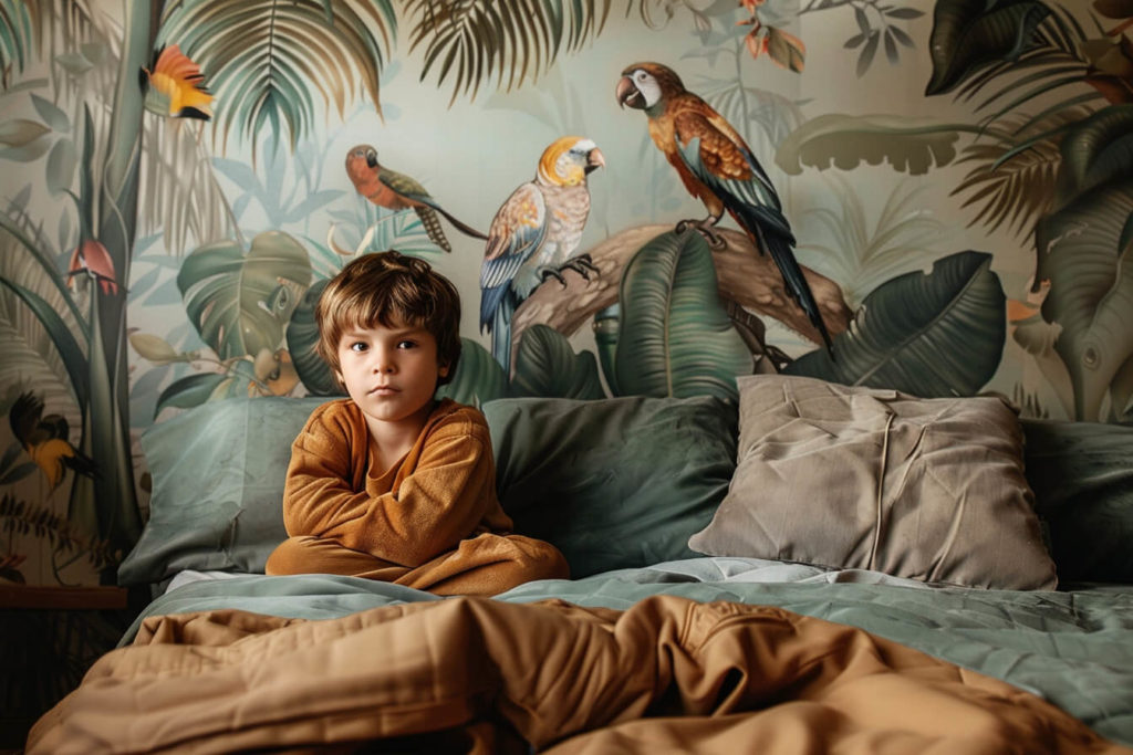kamkamkam boy on bed with a wall mural in the style of myste 1f9109e5 dc37 462d a8a7 1c1c526e5a96 2