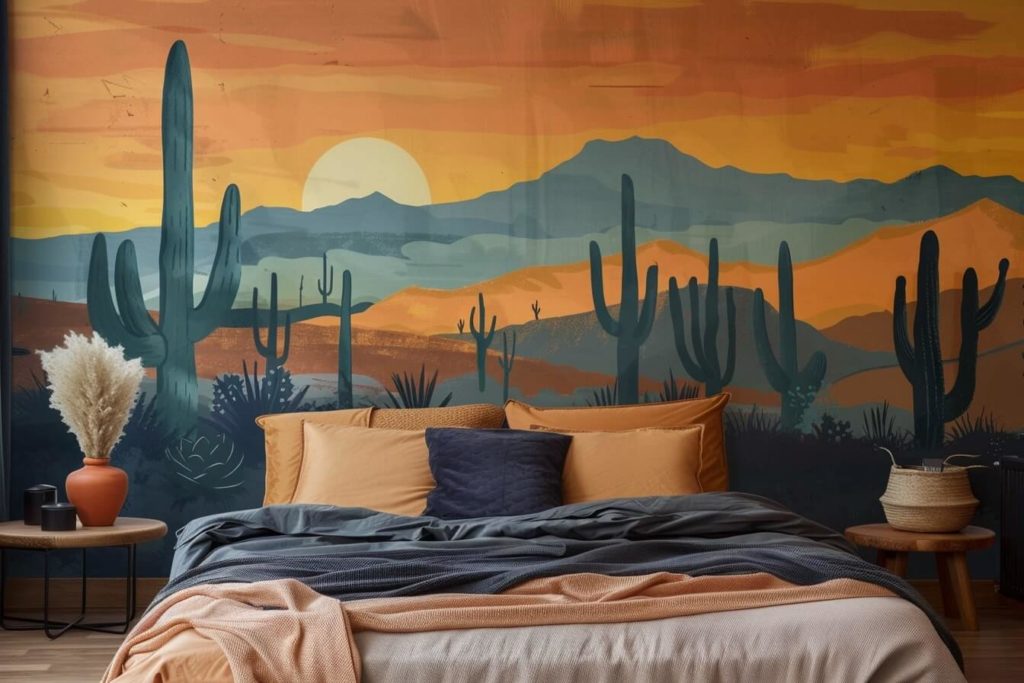kamkamkam hyper realistic image of a bedroom with a mural de 08bf9e8c 81e8 4a73 8134 d018bdcb4e16 1