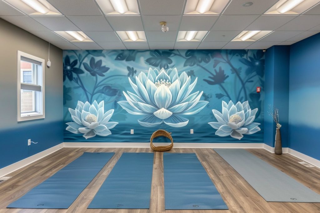 kamkamkam realistic photo of a calming blue mural in a yoga ce1c544f 23b5 4445 b1d4 4006c40b5568 0