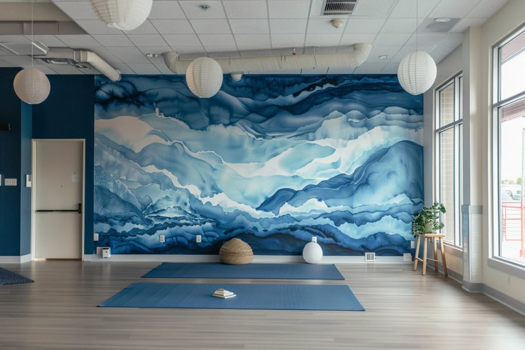 kamkamkam realistic photo of a calming blue mural in a yoga ce1c544f 23b5 4445 b1d4 4006c40b5568 3
